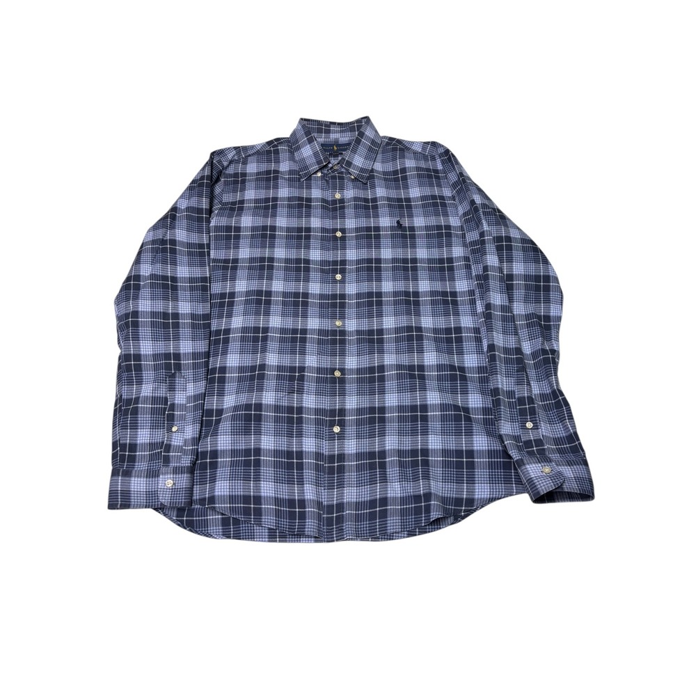 Ralph Lauren Slim Fit Plaid Button Down‎ Shirt Men XL Blue White Casual